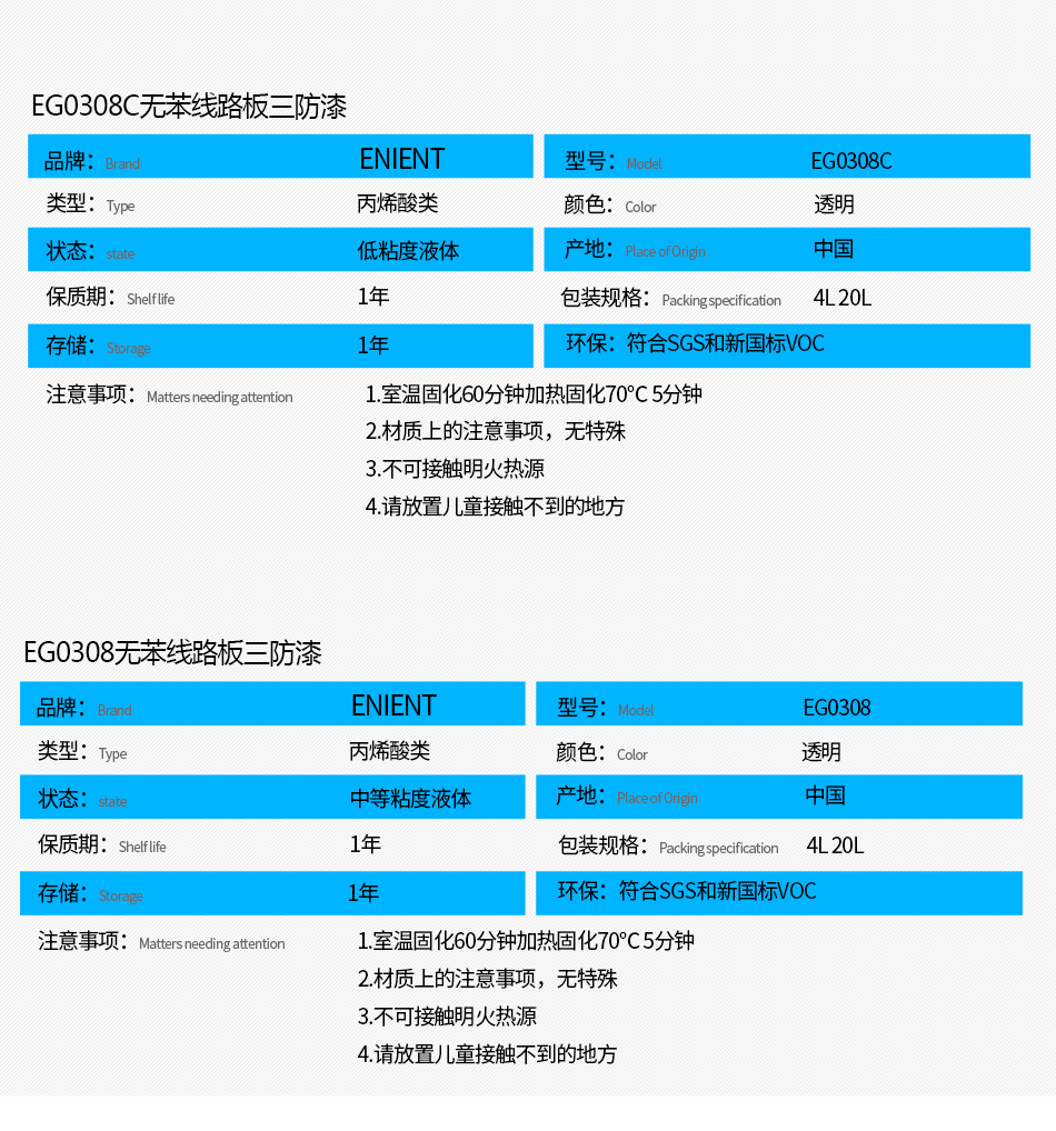 EG0308無苯線路板三防漆具有優異的防水、防潮、防塵、絕緣性能，同時耐冷熱沖擊、耐老化、耐輻射、耐鹽霧、耐腐蝕、耐振動、耐電弧，柔韌性、附著力等性能良好，帶熒光指示，可檢查噴涂是否到位。