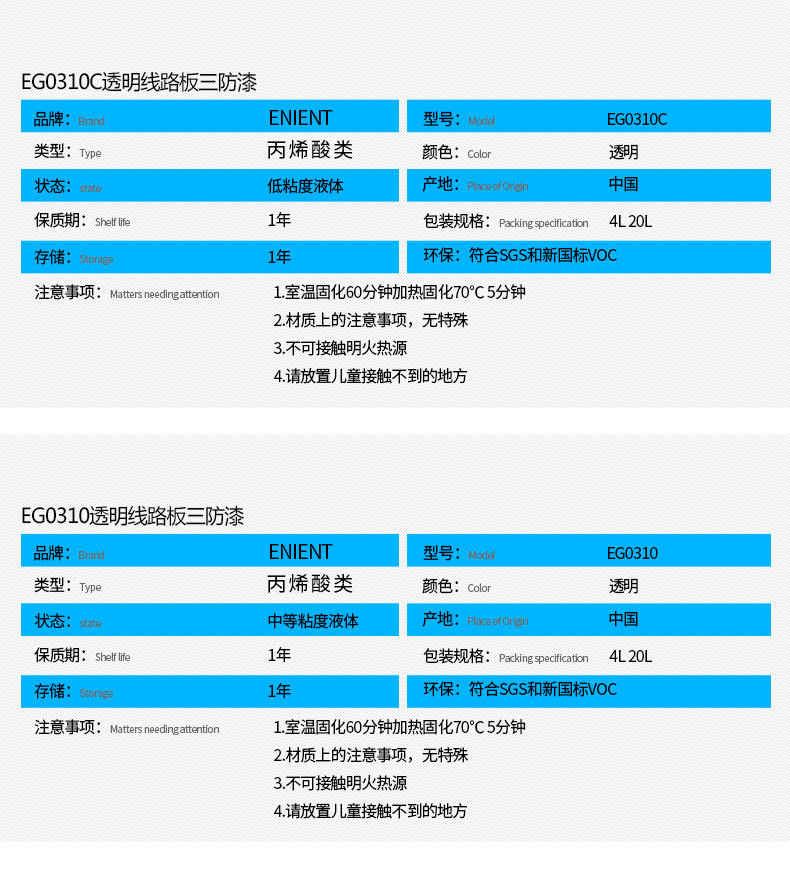 EG0310透明線路板三防漆具有優(yōu)異的防水、防潮、防塵、絕緣性能，同時耐冷熱沖擊、耐老化、耐輻射、耐鹽霧、耐腐蝕、耐振動、耐電弧，柔韌性、附著力等性能良好，帶熒光指示，可檢查噴涂是否到位。